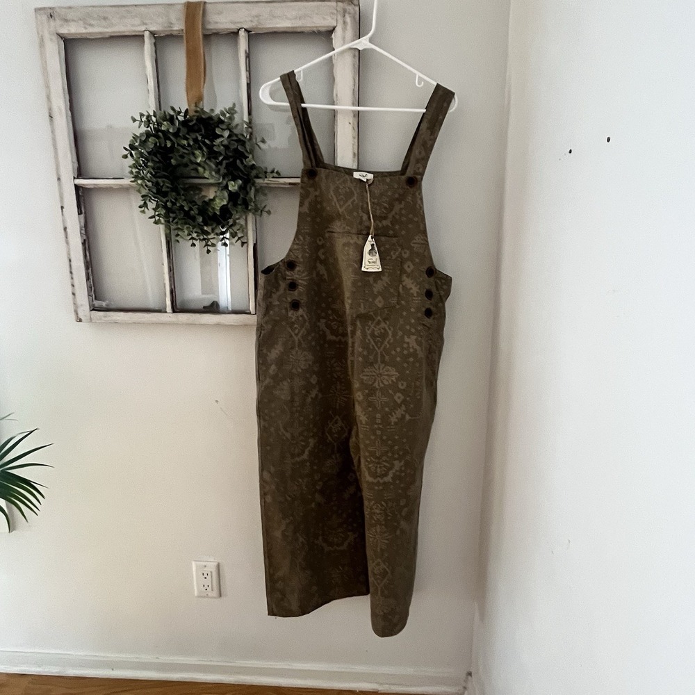 NWT Easel Mocha Ethnic Printed Twill Overall Jumpsuit Overalls‎ Size L Boho - Picture 6 of 13